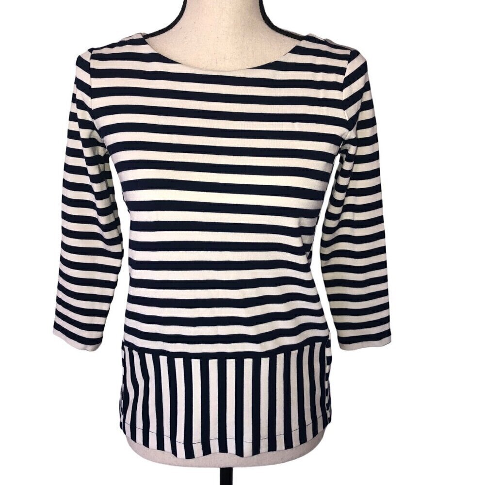 Madewell Womens Size XS Top Ponte Knit Striped Navy Blue 3/4 Sleeves Nautical